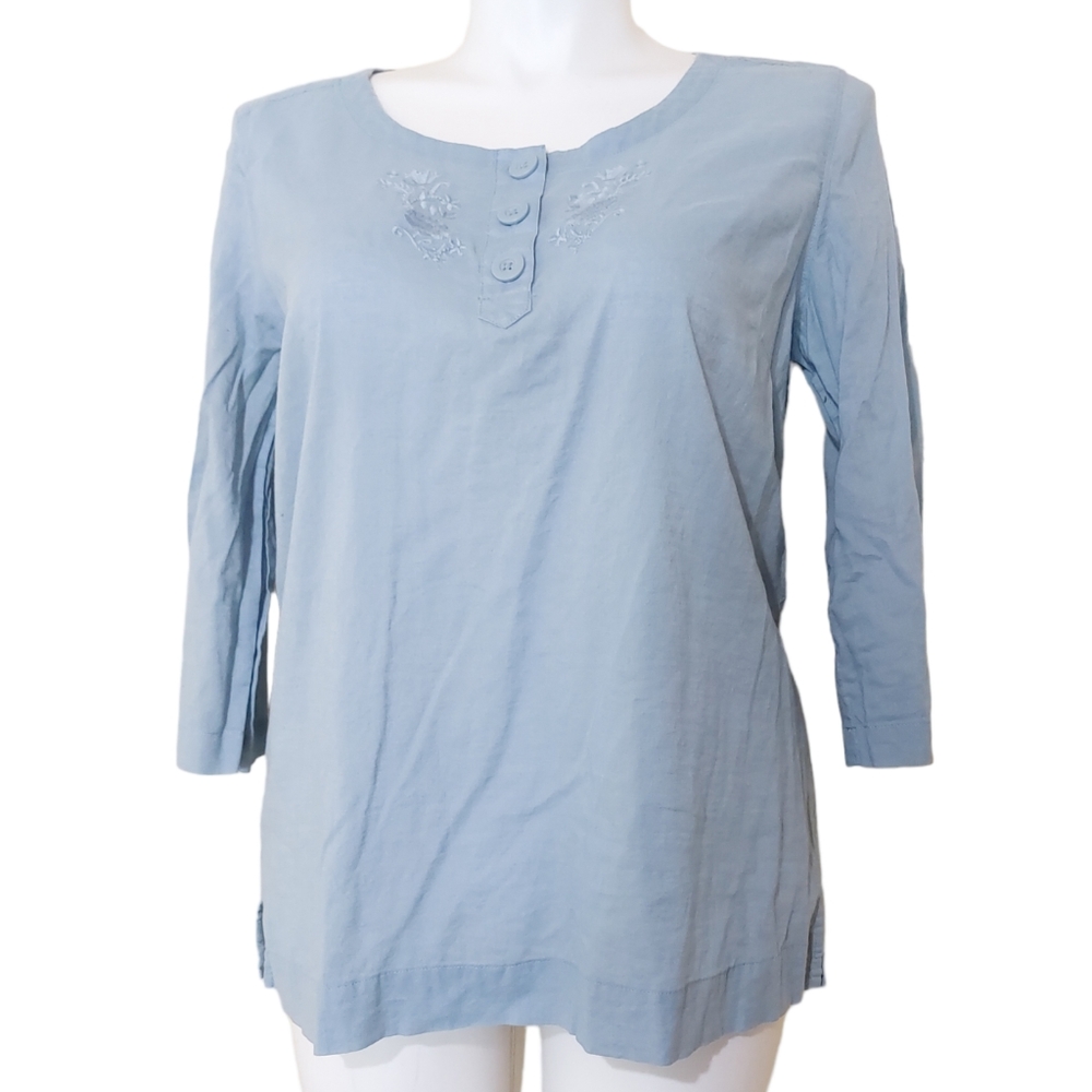 Eddie Bauer Sky Blue Floral Embroidered 3/4 Sleeve Lightweight Blouse XL